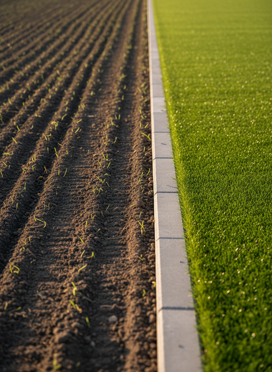 A detailed, close-range photographic realism image of a freshly seeded natural grass area transitioning into a finished artificial turf section, clearly showing the difference in texture and color. The seeded zone displays evenly raked dark soil with faint lines from grading tools, while the adjacent turf is vibrant, dense, and perfectly level. A straight paver edge in neutral gray creates a clean border between the two surfaces. Soft, angled morning sunlight highlights the fine details in the soil and individual turf blades, casting delicate shadows. Captured from a low, side-on angle with shallow depth of field, the image feels technical and educational, ideal for explaining grass seeding, grading, and turf installation options.