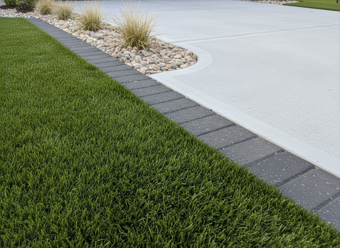 A close-up, photographic realism shot of premium artificial turf newly installed around a clean concrete driveway, each blade sharply defined in rich green hues. The driveway edge is framed by neatly laid charcoal-gray paver borders and a narrow bed of smooth river rock with a few compact, drought-tolerant ornamental grasses. Soft, diffused morning light evenly illuminates the scene, minimizing harsh shadows and enhancing texture. Captured from a low-angle perspective near ground level, the image emphasizes the flawless transition between driveway, turf, and rock. The mood is precise and professional, communicating durability, craftsmanship, and the clean lines of a well-planned landscaping project in St. Augustine, Florida.
