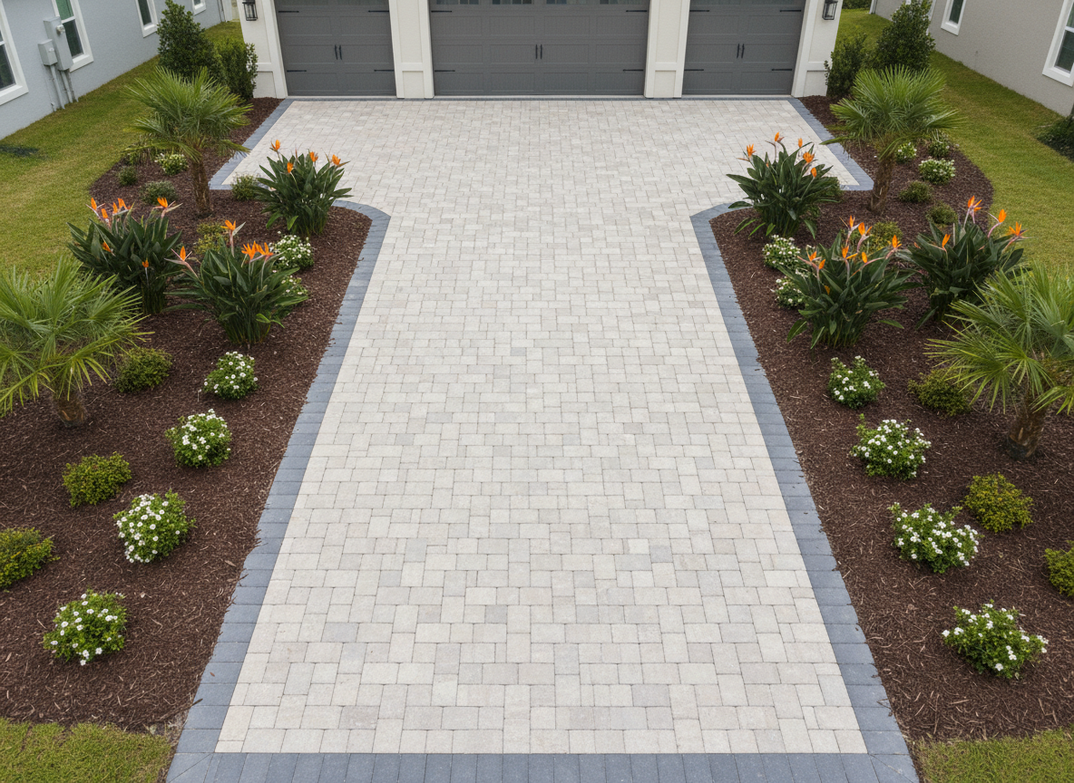 A wide, overhead photographic view of a custom paver driveway in St. Augustine, Florida, featuring a geometric pattern of warm sand-colored and slate-gray pavers leading up to a modern garage. On either side, symmetrical planting beds contain neatly mulched areas with compact palms, bird of paradise, and low-maintenance flowering shrubs arranged in deliberate layers. Soft, bright coastal daylight from an overcast sky creates even lighting, highlighting the pattern and textures without harsh glare. The composition follows the driveway’s central line, drawing the viewer’s eye inward. The mood is orderly and upscale, perfectly suited for showcasing driveway landscaping and paving services on a professional business website.