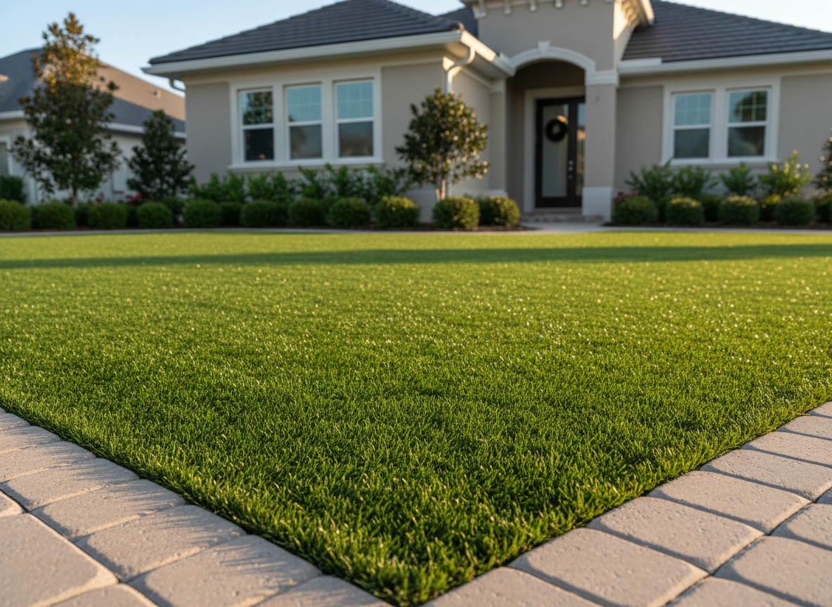 A meticulously manicured front yard in St. Augustine, Florida, showcasing lush emerald artificial turf bordered by precise paver edging and low, sculpted native shrubs. A contemporary coastal-style home with soft beige stucco and white trim sits in the background, slightly out of focus. Late afternoon golden sunlight washes across the lawn, creating gentle highlights on the turf blades and subtle shadows beneath the plants. The composition is shot at eye level with a wide-angle lens, capturing the entire landscape in crisp photographic realism. The mood is polished, professional, and inviting, emphasizing a low-maintenance, high-end curb appeal ideal for a landscaping company’s homepage hero image.