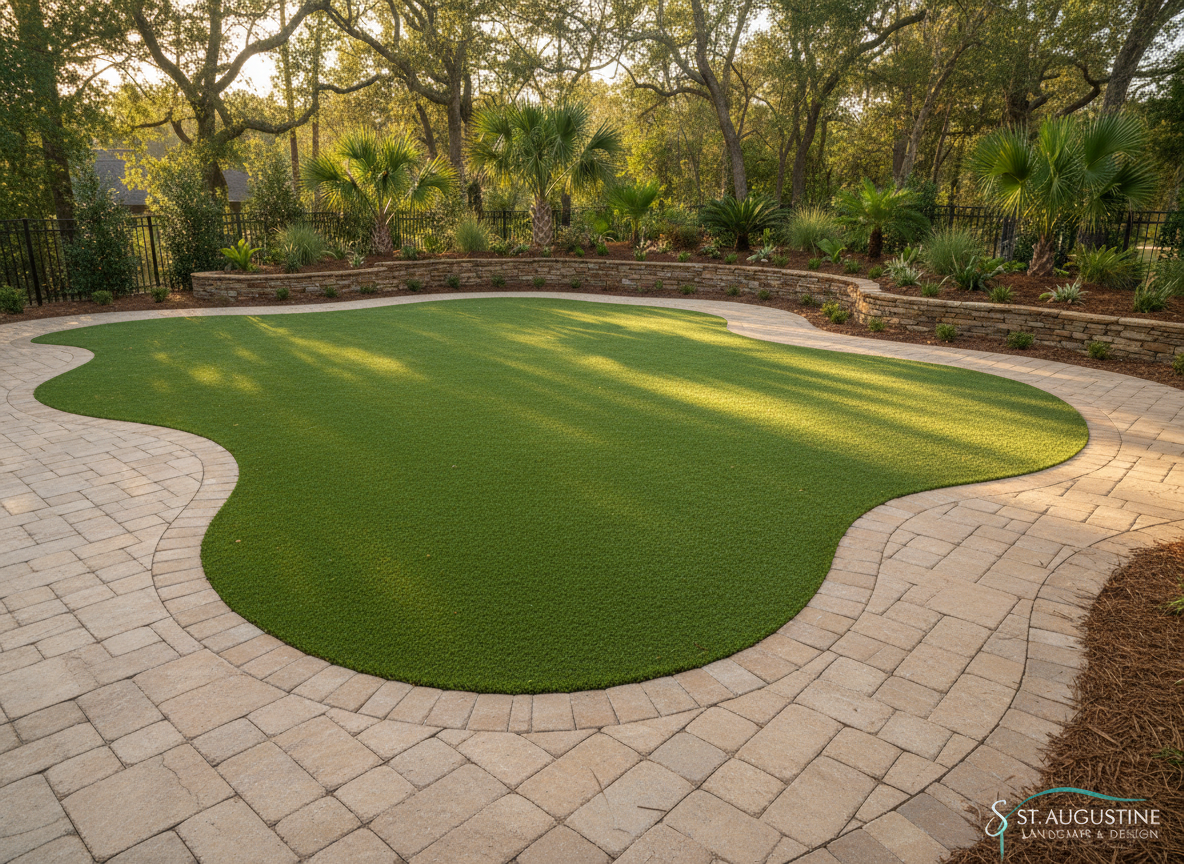 A serene backyard transformation in photographic realism, featuring a gently graded lawn of deep green artificial turf surrounded by curving paver walkways in warm tan tones. At the far edge, a raised planting bed with stacked stone walls hosts native shrubs, ornamental grasses, and a few compact palms, all in fresh dark mulch. Late afternoon sun filters through unseen trees, casting soft dappled light and long, gentle shadows across the turf. Shot from a slightly elevated corner, the composition reveals the full layout with strong depth and clarity. The mood is calm, organized, and low-maintenance, ideal for illustrating comprehensive grading and outdoor living design services in St. Augustine, FL.
