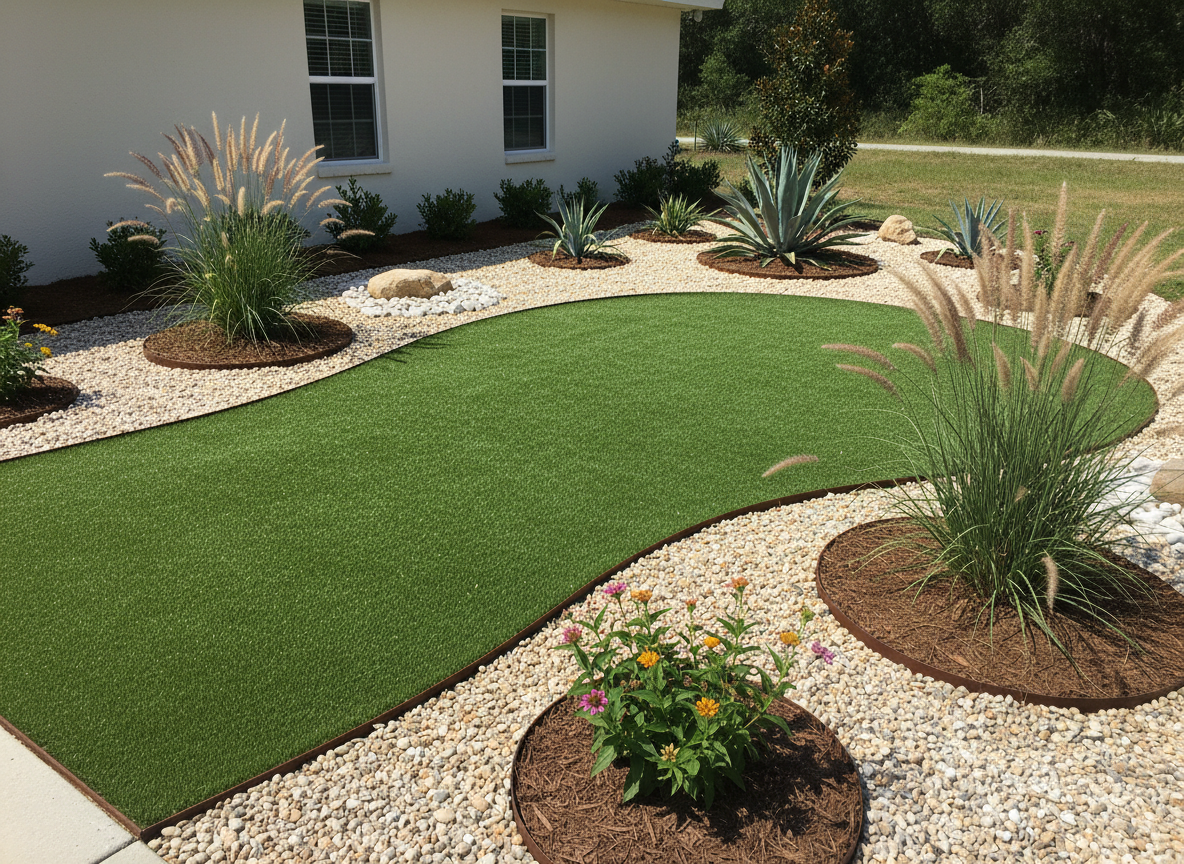 A carefully designed low-maintenance front garden in St. Augustine, photographed in realistic detail, featuring a mix of artificial turf, clean gravel beds, and drought-tolerant plantings. The turf forms a soft, curved shape bordered by crisp steel edging, while adjacent areas are filled with light-colored pea gravel and larger decorative stones. Clusters of native grasses, compact agave, and flowering perennials rise from small, circular mulched islands. Bright, clear midday light defines every texture and shadow without being harsh. Shot from a slightly elevated angle with strong sharpness throughout, the composition captures the overall layout and balance. The atmosphere is modern, tidy, and sustainable, emphasizing low-water, low-maintenance landscaping solutions.