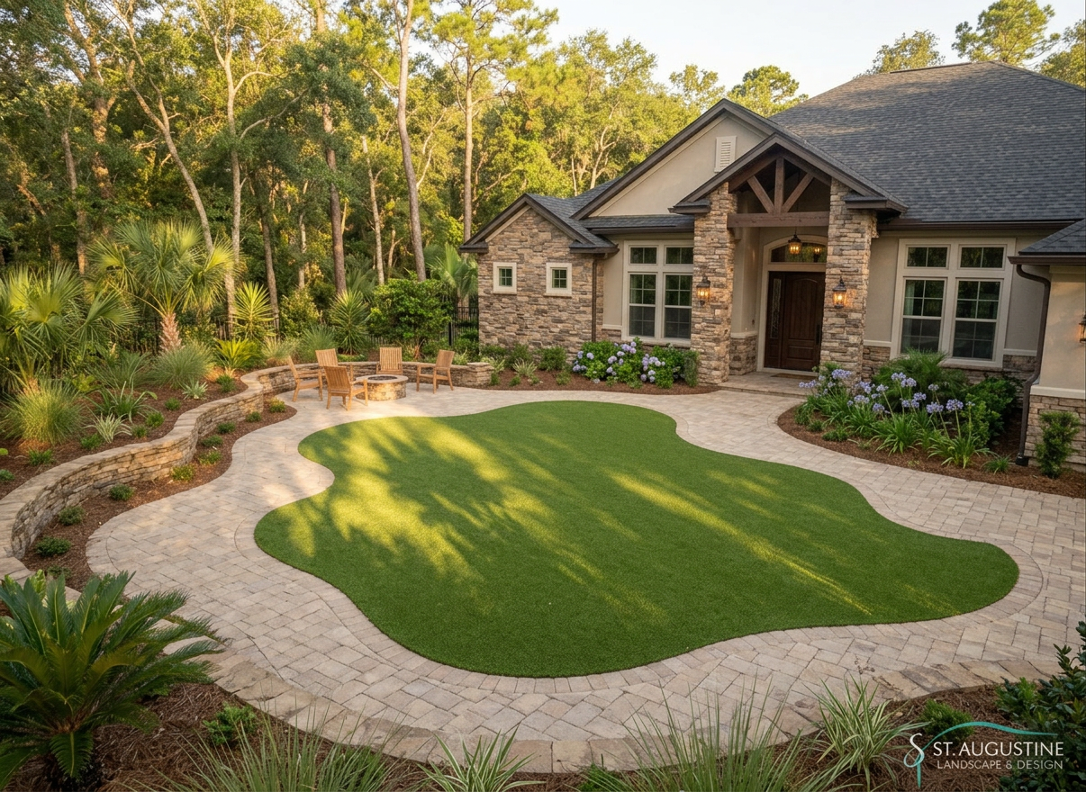 Backyard with curved artificial turf, stone patio, firepit with chairs, and stone house facade